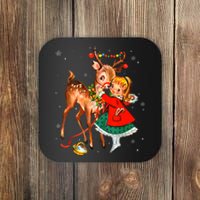 Vintage Pin Up Little Girl Reindeer Retro 1950s Christmas Coaster