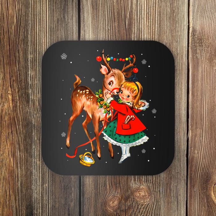 Vintage Pin Up Little Girl Reindeer Retro 1950s Christmas Coaster