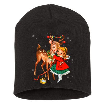 Vintage Pin Up Little Girl Reindeer Retro 1950s Christmas Short Acrylic Beanie