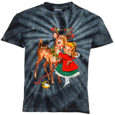 Vintage Pin Up Little Girl Reindeer Retro 1950s Christmas Kids Tie-Dye T-Shirt