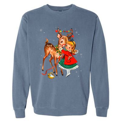 Vintage Pin Up Little Girl Reindeer Retro 1950s Christmas Garment-Dyed Sweatshirt