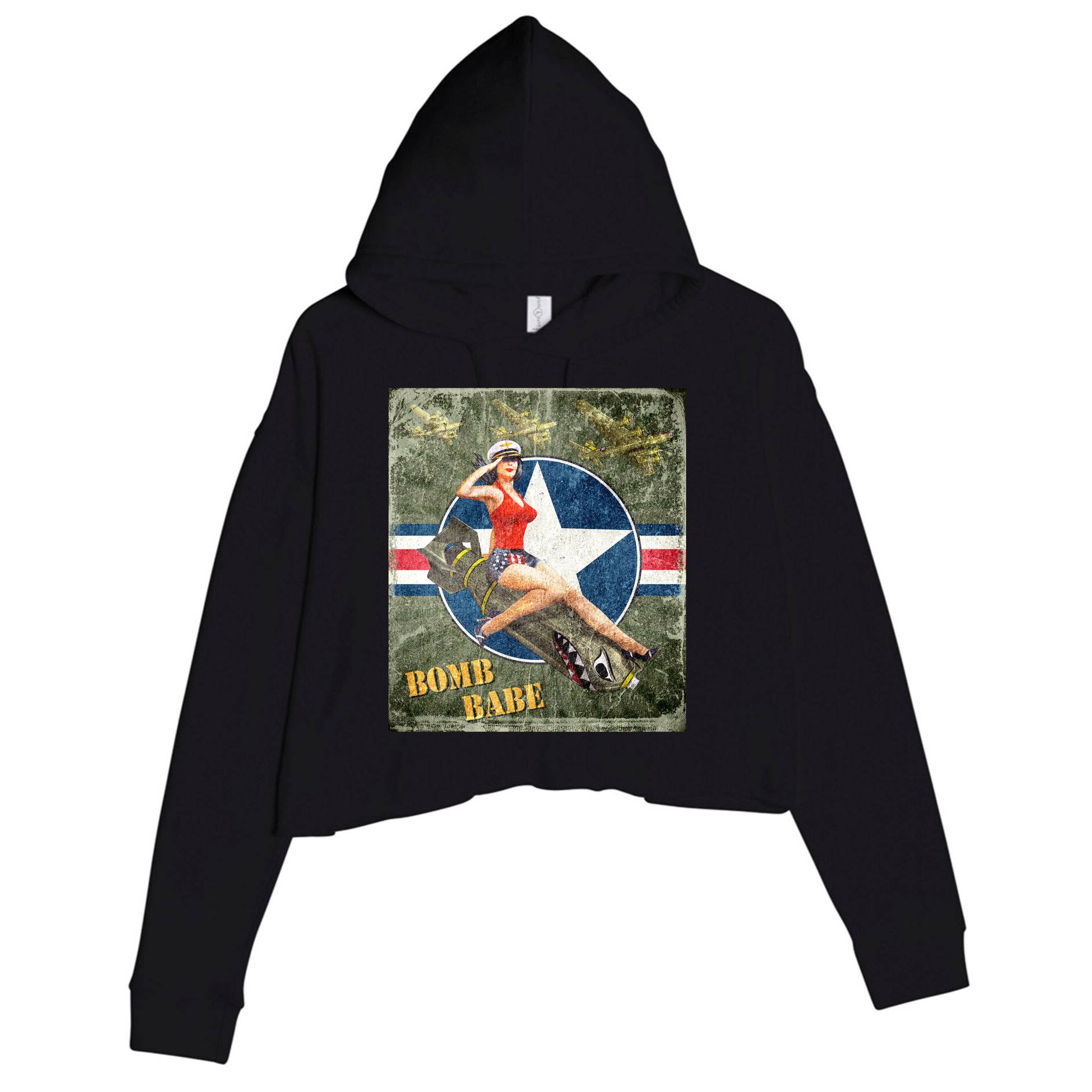 Vintage Pin Up Girl On Bomb Bomber Plane Crop Fleece Hoodie