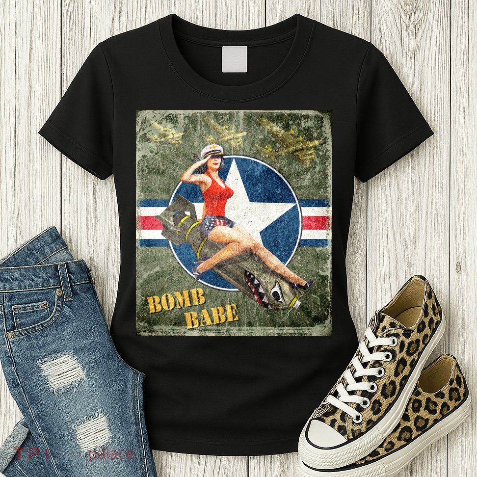 Vintage Pin Up Girl On Bomb Bomber Plane Women's T-Shirt