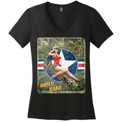Vintage Pin Up Girl On Bomb Bomber Plane Women's V-Neck T-Shirt