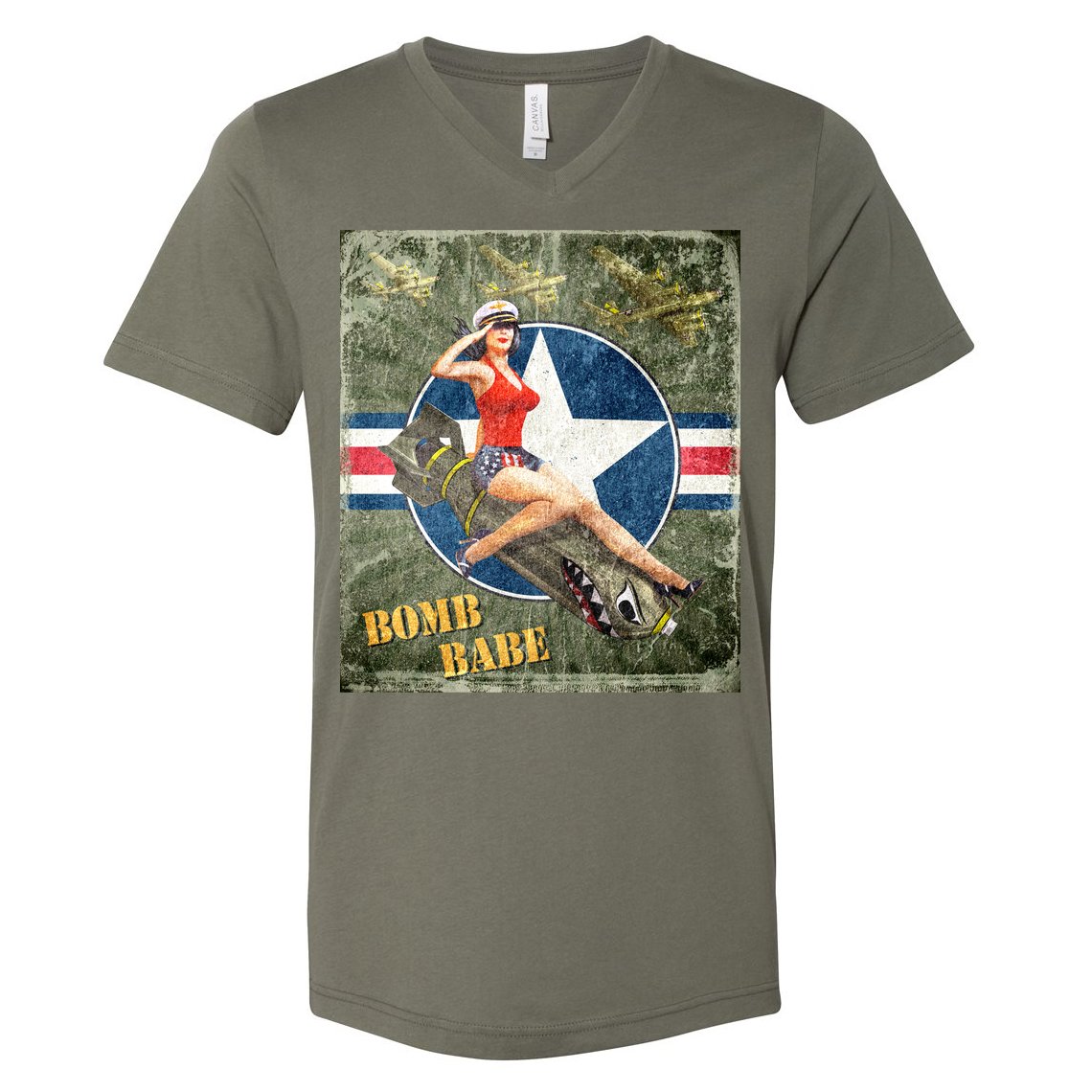 Vintage Pin Up Girl On Bomb Bomber Plane V-Neck T-Shirt