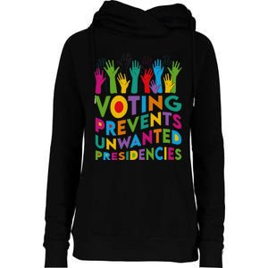 Voting Prevents Unwanted Presidencies Harris Walz 2024 Funny Womens Funnel Neck Pullover Hood