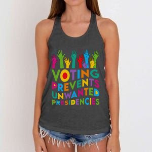 Voting Prevents Unwanted Presidencies Harris Walz 2024 Funny Women's Knotted Racerback Tank