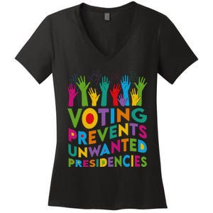 Voting Prevents Unwanted Presidencies Harris Walz 2024 Funny Women's V-Neck T-Shirt