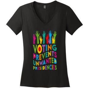 Voting Prevents Unwanted Presidencies Harris Walz 2024 Women's V-Neck T-Shirt