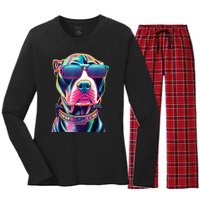 Vibrant Pitbull Wearing Sunglasses Women's Long Sleeve Flannel Pajama Set 