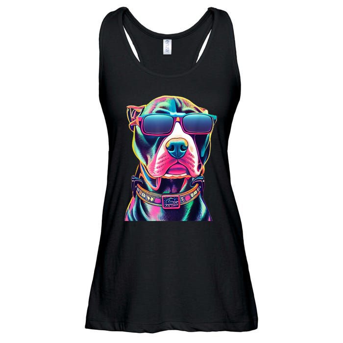 Vibrant Pitbull Wearing Sunglasses Ladies Essential Flowy Tank