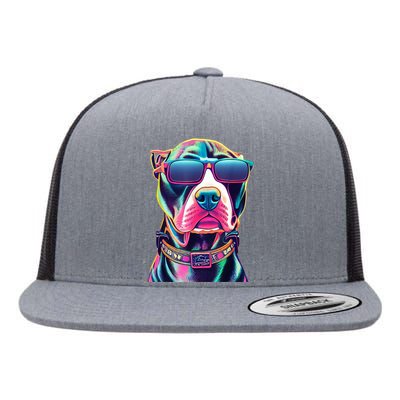 Vibrant Pitbull Wearing Sunglasses Flat Bill Trucker Hat