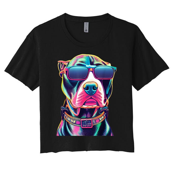 Vibrant Pitbull Wearing Sunglasses Women's Crop Top Tee