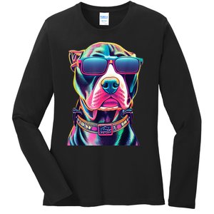 Vibrant Pitbull Wearing Sunglasses Ladies Long Sleeve Shirt