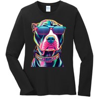 Vibrant Pitbull Wearing Sunglasses Ladies Long Sleeve Shirt