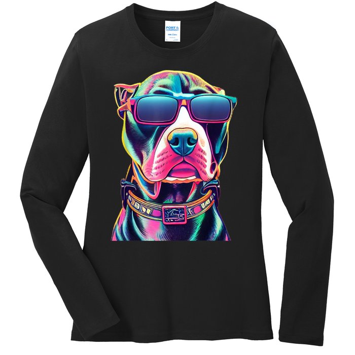 Vibrant Pitbull Wearing Sunglasses Ladies Long Sleeve Shirt