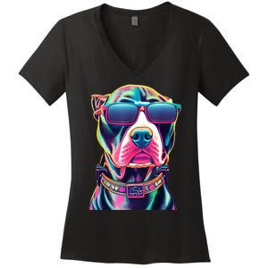 Vibrant Pitbull Wearing Sunglasses Women's V-Neck T-Shirt