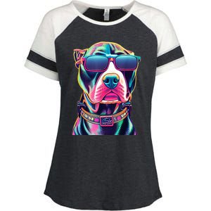 Vibrant Pitbull Wearing Sunglasses Enza Ladies Jersey Colorblock Tee