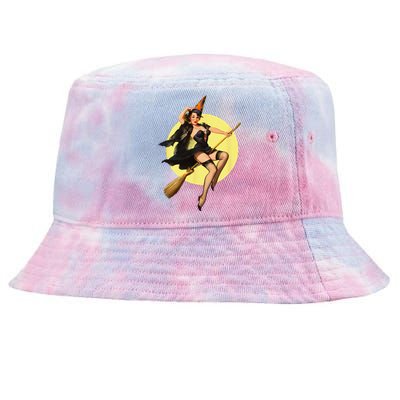 Vintage Pinup Witch On Witches Broom Halloween Pin Up Tie-Dyed Bucket Hat