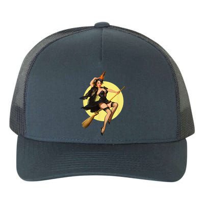 Vintage Pinup Witch On Witches Broom Halloween Pin Up Yupoong Adult 5-Panel Trucker Hat