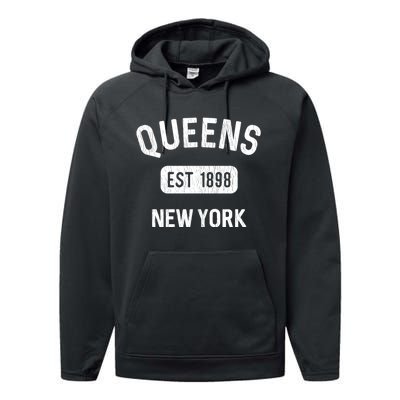 Vintage Queens Ny Nyc Gifts Souvenir Queens Est 1898 Performance Fleece Hoodie