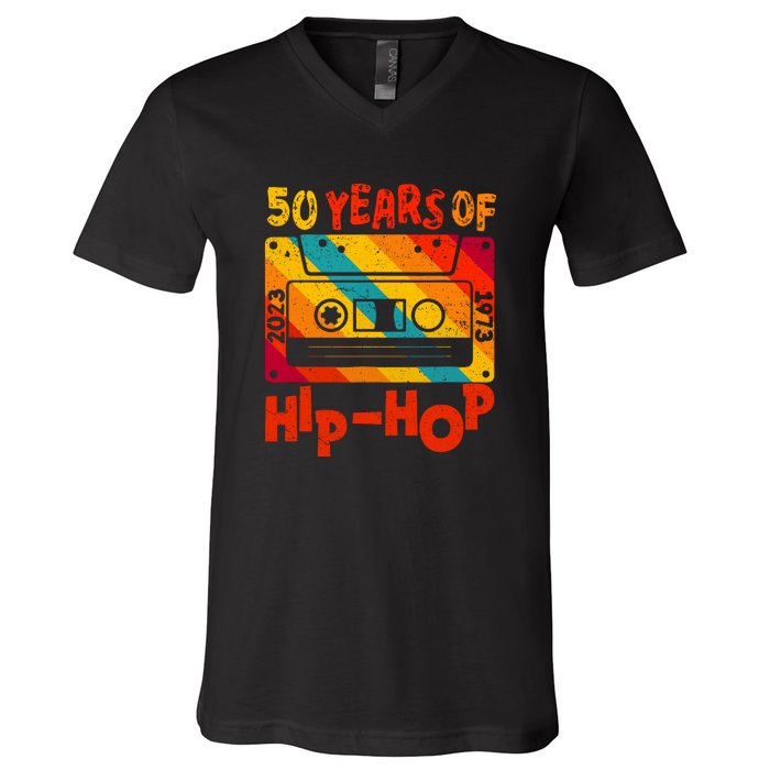 Vintage Retro 50th Anniversary Of Hip Hop 50 Years Of Hip Hop Old Music Gift V-Neck T-Shirt