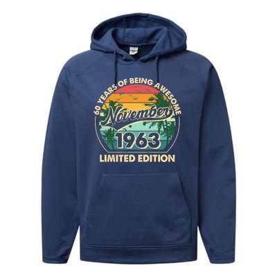 Vintage Retro 60 Years Of Being Awesome November 1963 Birthday Performance Fleece Hoodie