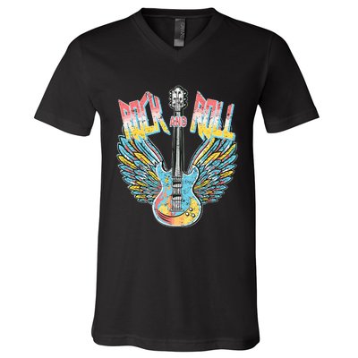 Vintage Retro 80s Rock & Roll Music Electric Guitar Wings V-Neck T-Shirt