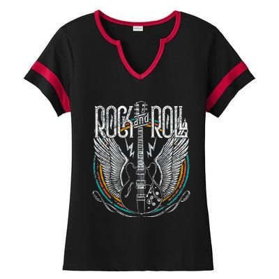 Vintage Retro 80s Rock & Roll Music Guitar Wings Ladies Halftime Notch Neck Tee