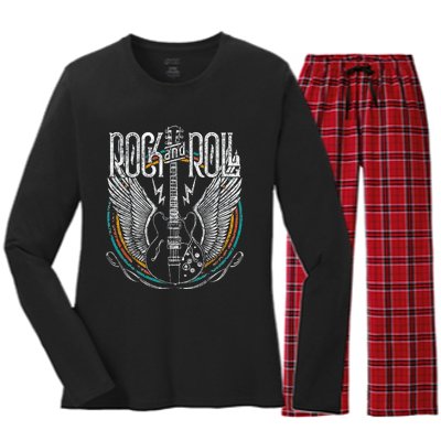 Vintage Retro 80s Rock & Roll Music Guitar Wings Women's Long Sleeve Flannel Pajama Set 