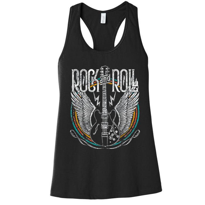 Vintage Retro 80s Rock & Roll Music Guitar Wings Women's Racerback Tank