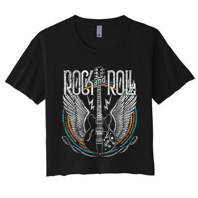 Vintage Retro 80s Rock & Roll Music Guitar Wings Women's Crop Top Tee