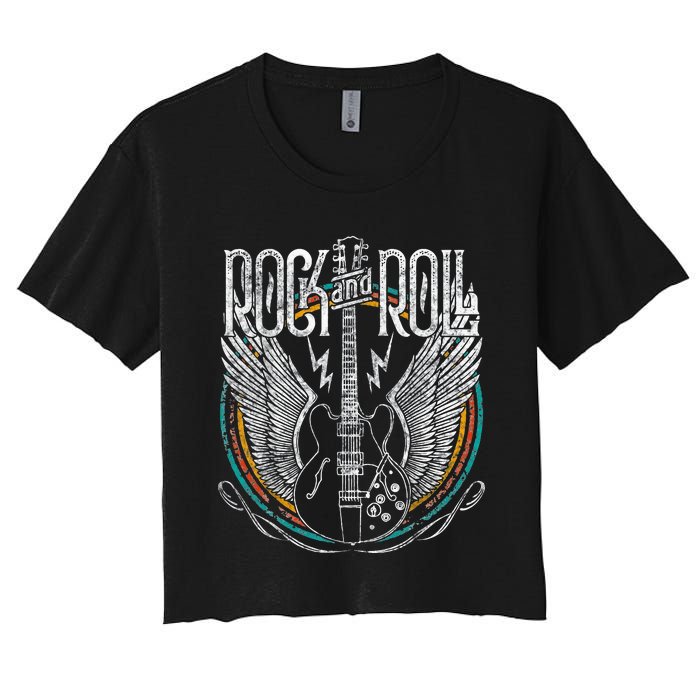 Vintage Retro 80s Rock & Roll Music Guitar Wings Women's Crop Top Tee