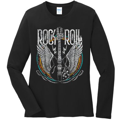 Vintage Retro 80s Rock & Roll Music Guitar Wings Ladies Long Sleeve Shirt