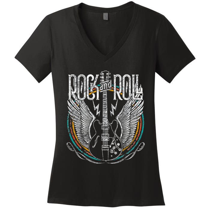 Vintage Retro 80s Rock & Roll Music Guitar Wings Women's V-Neck T-Shirt