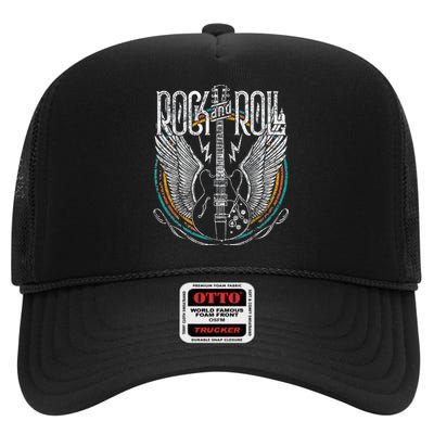 Vintage Retro 80s Rock & Roll Music Guitar Wings High Crown Mesh Back Trucker Hat