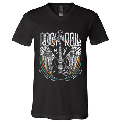 Vintage Retro 80s Rock & Roll Music Guitar Wings V-Neck T-Shirt