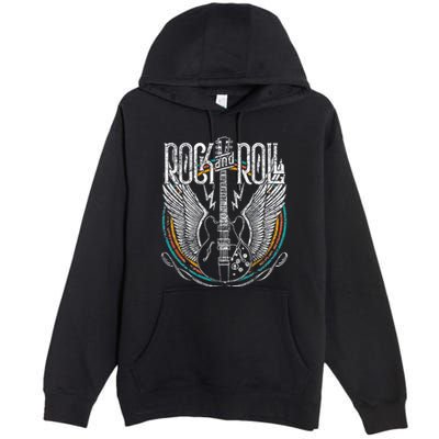 Vintage Retro 80s Rock & Roll Music Guitar Wings Premium Pullover Hoodie