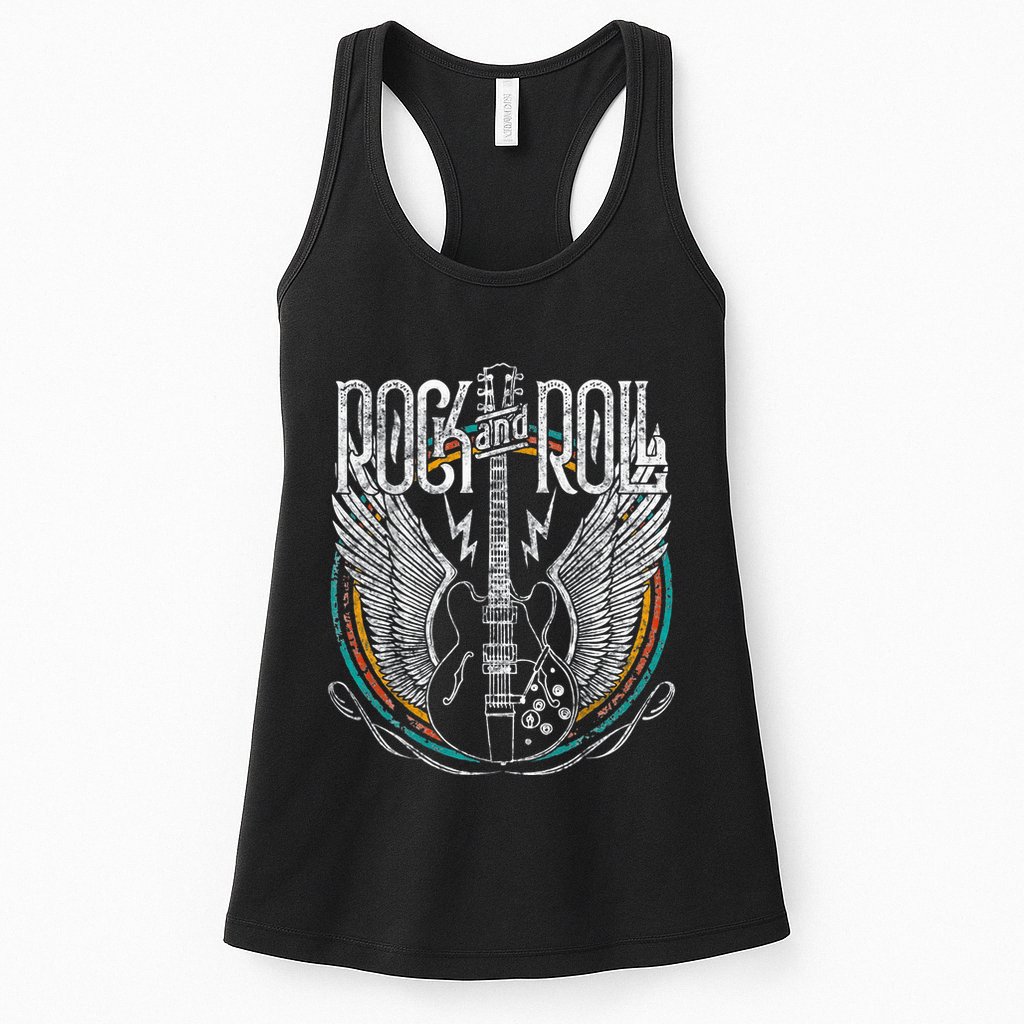 Vintage Retro 80s Rock & Roll Music Guitar Wings Womens Tank Top
