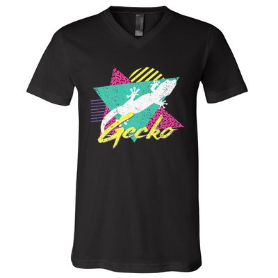 Vintage Retro 80s Or 90s Gecko Lizard V-Neck T-Shirt