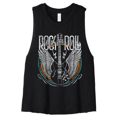 Vintage Retro 80s Rock & Roll Music Guitar Wings Women's Racerback Cropped Tank