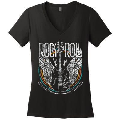 Vintage Retro 80s Rock & Roll Music Guitar Wings Women's V-Neck T-Shirt