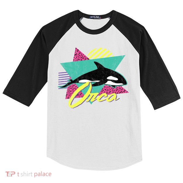 Vintage Retro 80s Or 90s Orca Killer Whale Gift Kids Colorblock Raglan Jersey