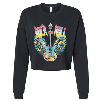 Vintage Retro 80s Rock & Roll Music Electric Guitar Wings Cropped Pullover Crew