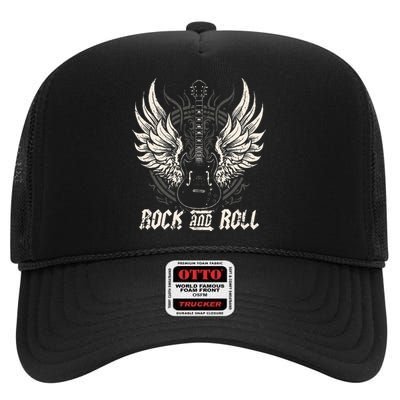 Vintage Rock and Roll Guitar Music High Crown Mesh Back Trucker Hat