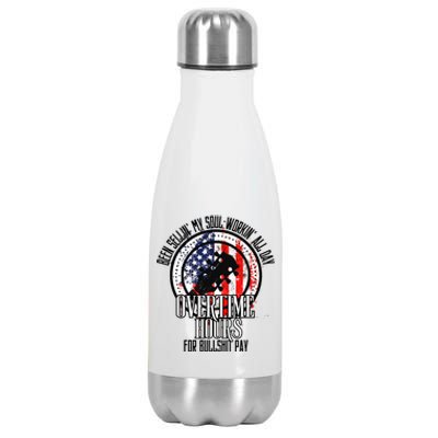 Vintage Retro America Flag Overtime Hours For Bull Pay Stainless Steel Insulated Water Bottle