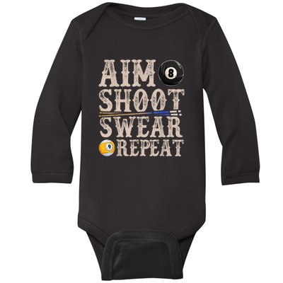 Vintage Retro Aim Shoot Swear Repeat Funny Pool Billards Gift Baby Long Sleeve Bodysuit