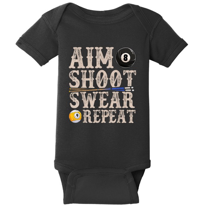 Vintage Retro Aim Shoot Swear Repeat Funny Pool Billards Gift Baby Bodysuit