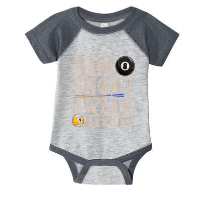 Vintage Retro Aim Shoot Swear Repeat Funny Pool Billards Gift Infant Baby Jersey Bodysuit