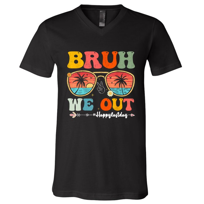 Vintage Retro Bruh We Out Teachers End Of School Year Teacher Summer Gift V-Neck T-Shirt